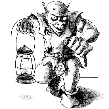 Drawing of a grinning hobgoblin carrying a lantern.