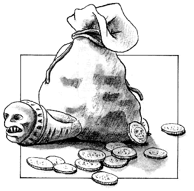 Drawing of a bag of loot, some gold coins, and a magic ring.